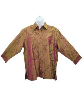 Bleu Bayou Shirt L Art To Wear Shimmer Silk Embroidered Beaded Button Up Blouse
